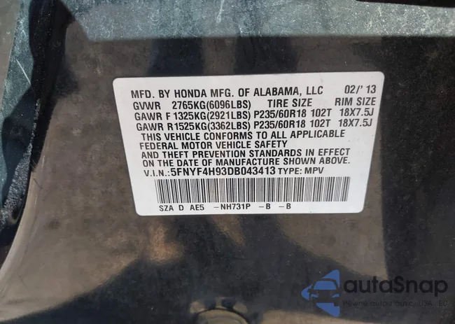 5FNYF4H93DB043413: 43486095