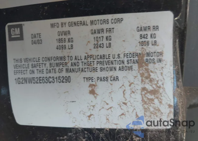 1G2NW52E63C315290: 43487634