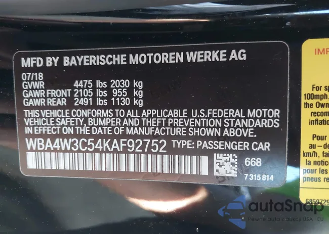 WBA4W3C54KAF92752: 43487208