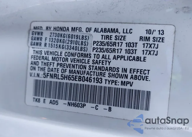 5FNRL5H65EB046193: 43488300