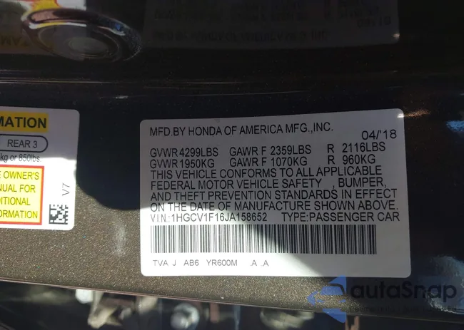 1HGCV1F16JA158652: 43489512