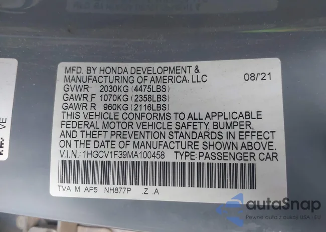 1HGCV1F39MA100458: 43489063