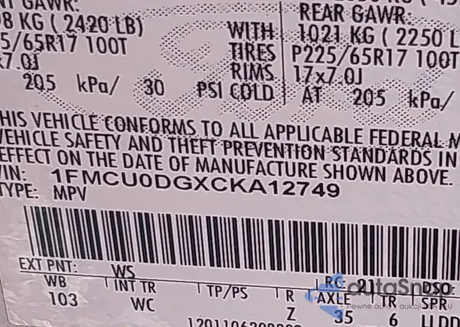 1FMCU0DGXCKA12749: 43489342