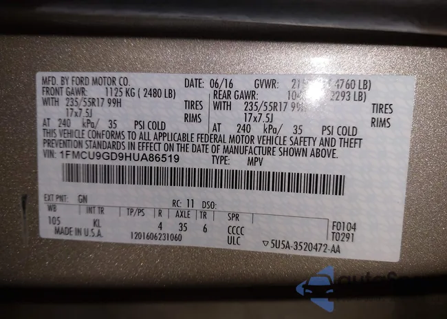 1FMCU9GD9HUA86519: 43491990