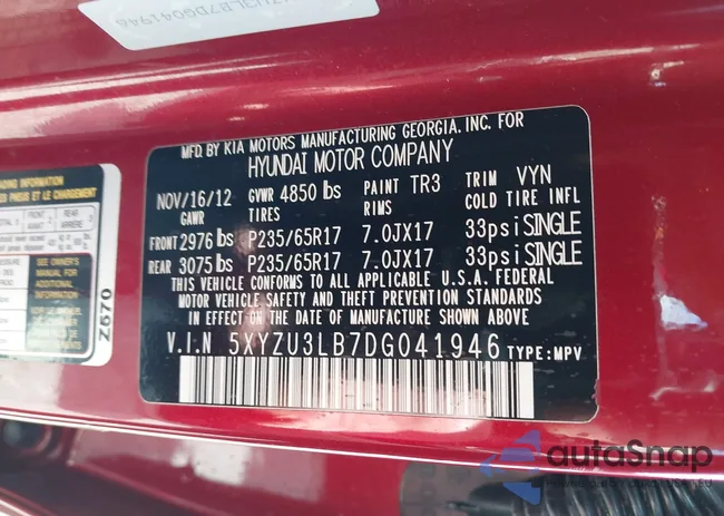 5XYZU3LB7DG041946: 43491207