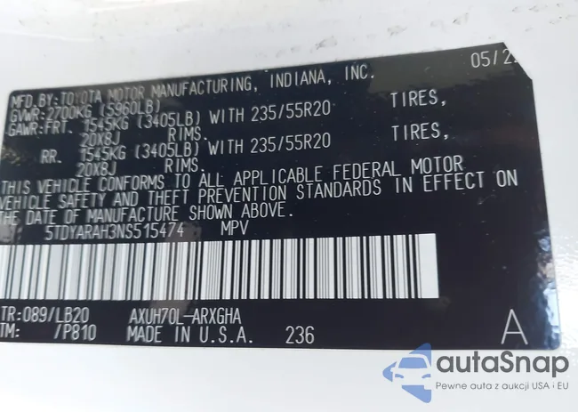 5TDYARAH3NS515474: 43492702