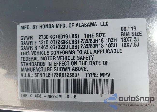 5FNRL6H73KB138607: 43493105