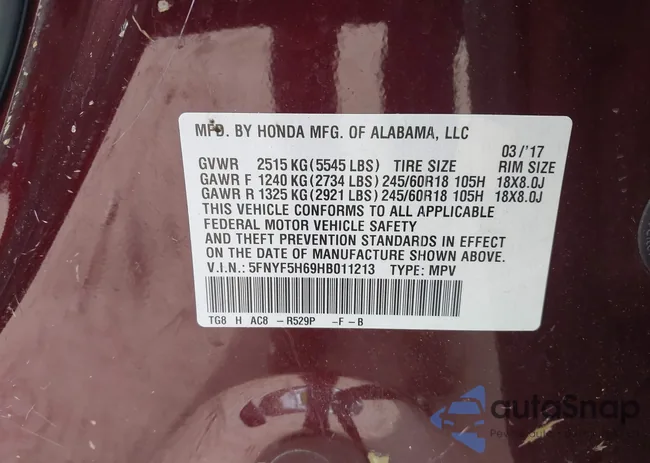 5FNYF5H69HB011213: 43493431