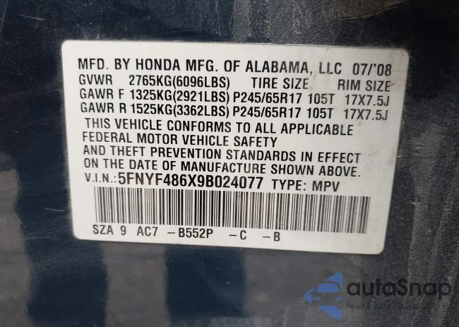 5FNYF486X9B024077: 43494857