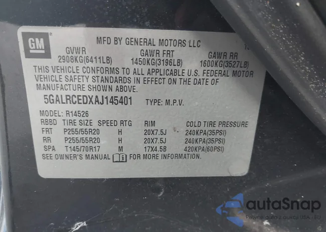 5GALRCEDXAJ145401: 43494288