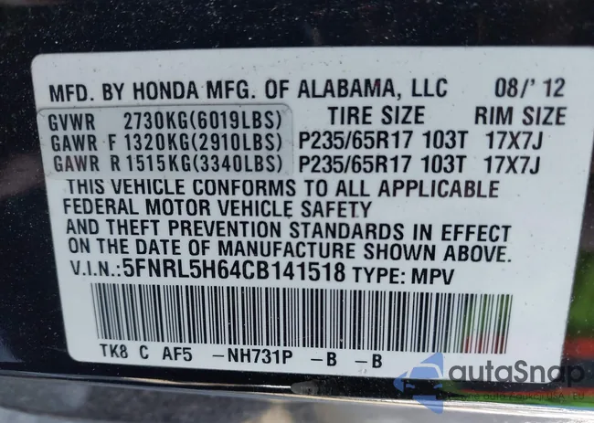 5FNRL5H64CB141518: 43495183