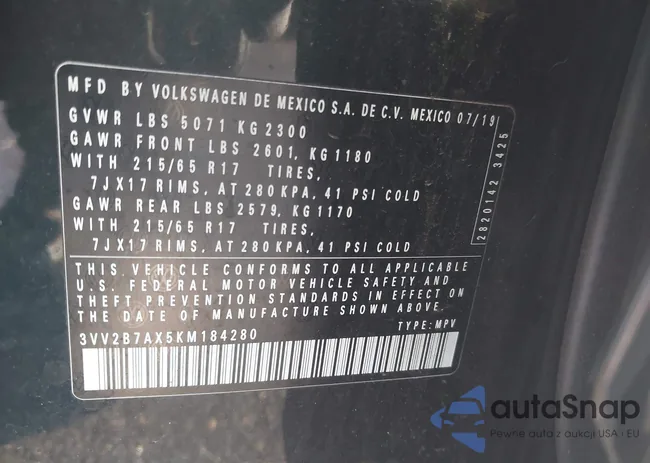 3VV2B7AX5KM184280: 43495357