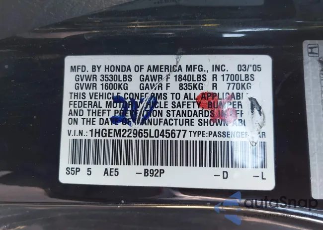 1HGEM22965L045677: 43496445