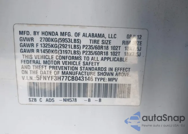 5FNYF3H77CB043146: 43499446