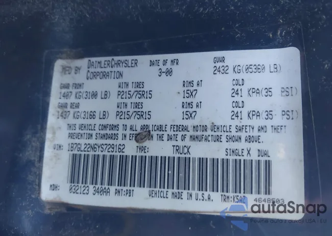 1B7GL22N6YS729162: 43499520