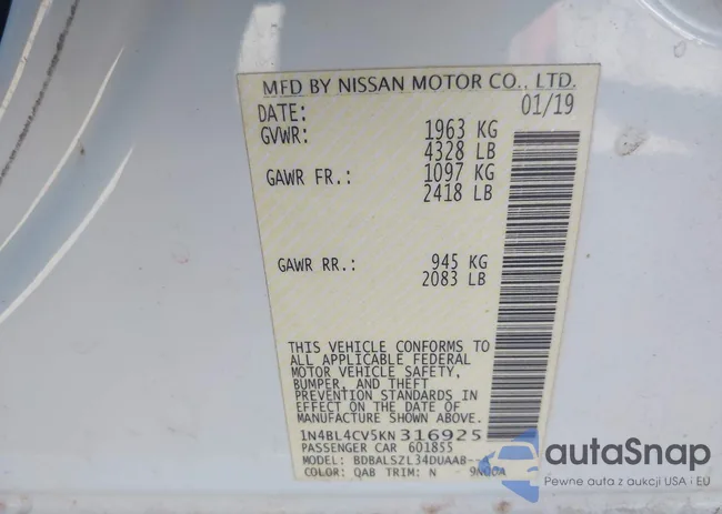 1N4BL4CV5KN316925: 43500067