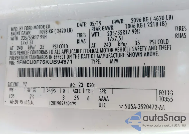 1FMCU0F76KUB94871: 43501541