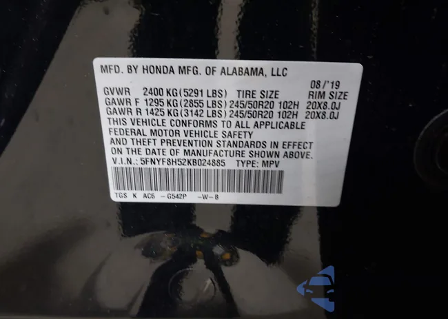 5FNYF8H52KB024885: 43501555