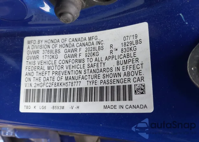 2HGFC2F8XKH578777: 43501205