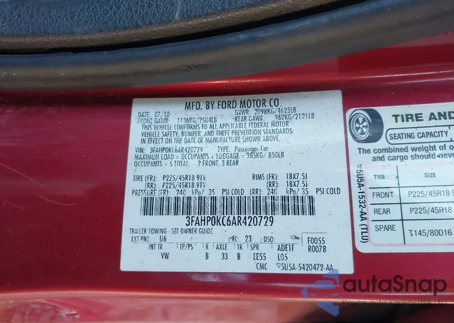 3FAHP0KC6AR420729: 43501267