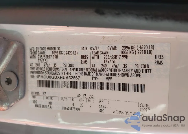 1FMCU0GDXHUA52567: 43502905