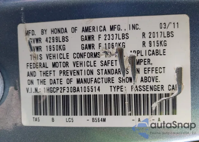 1HGCP2F30BA105514: 43503566