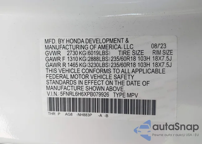 5FNRL6H6XPB079926: 43503337