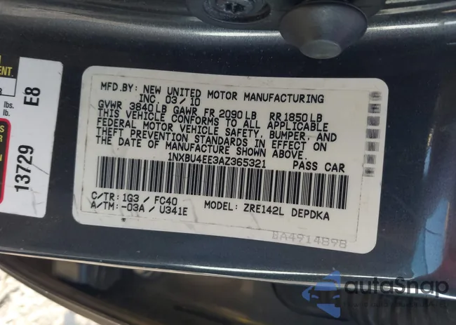 1NXBU4EE3AZ365321: 43503429