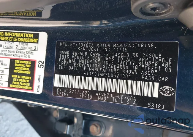 4T1F31AK7LU521801: 43504243