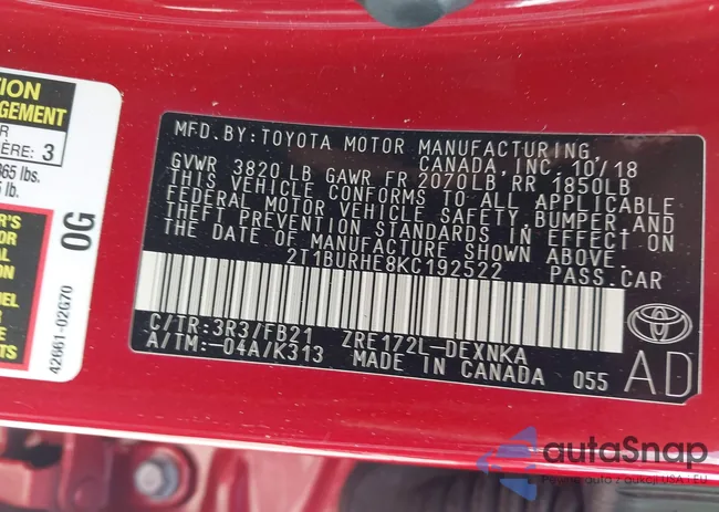 2T1BURHE8KC192522: 42507695