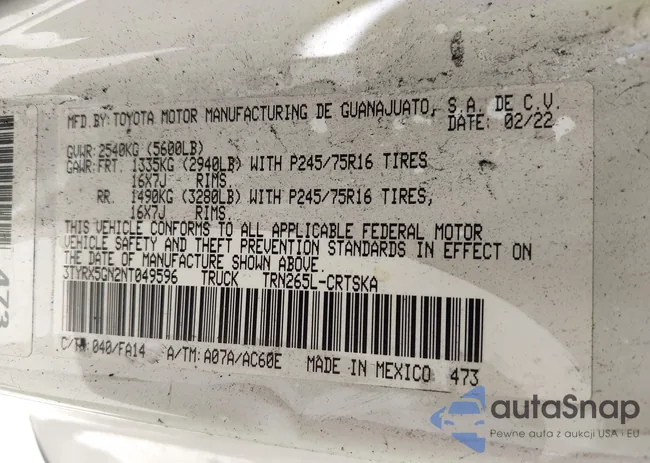 3TYRX5GN2NT049596: 42508054