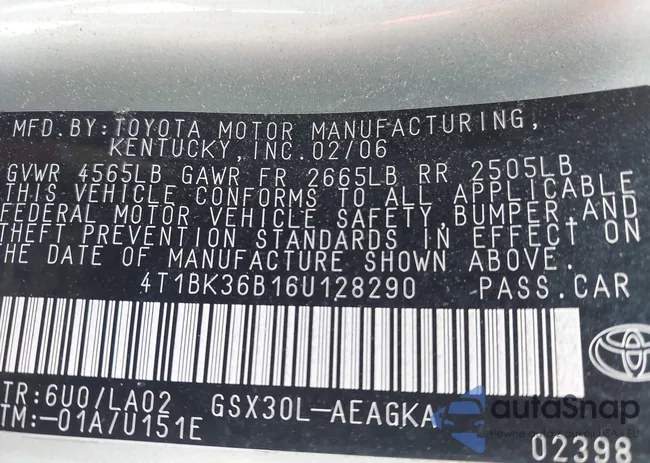 4T1BK36B16U128290: 42508057