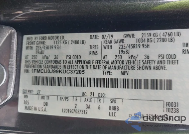 1FMCU0J99KUC37205: 42507589