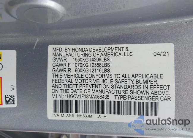 1HGCV1F18MA068438: 42507599