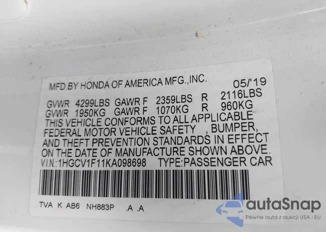 1HGCV1F11KA098698: 42509109