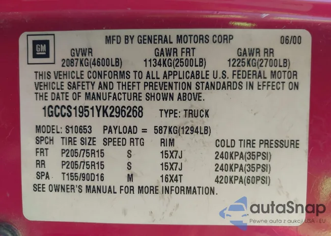 1GCCS1951YK296268: 42509702