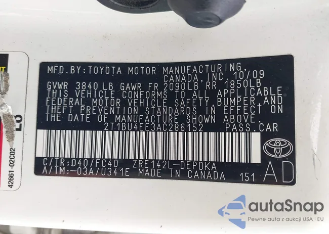 2T1BU4EE3AC286152: 42510074