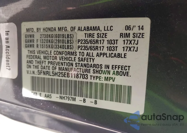 5FNRL5H25EB118703: 42516225