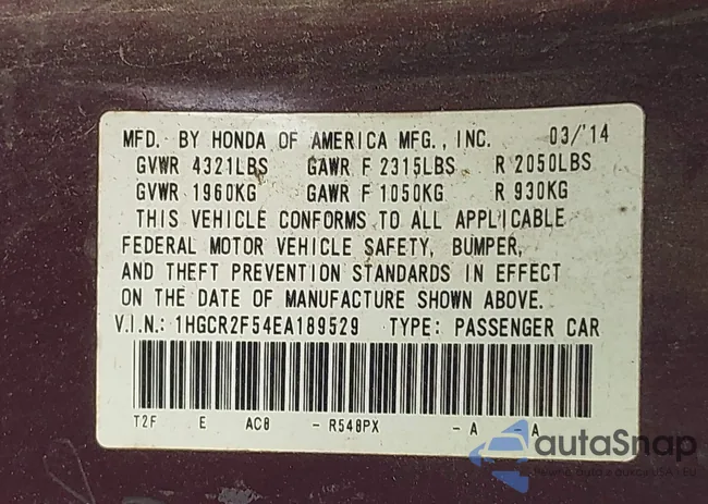 1HGCR2F54EA189529: 42518796