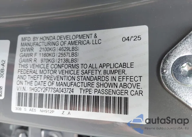 1HGCY2F77SA043724: 42519133