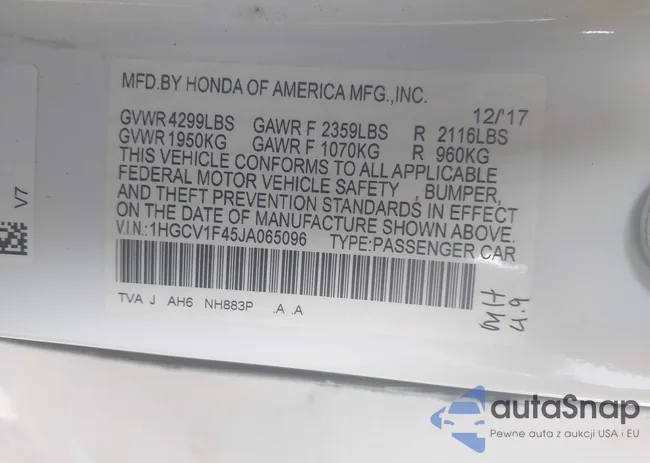 1HGCV1F45JA065096: 42518346