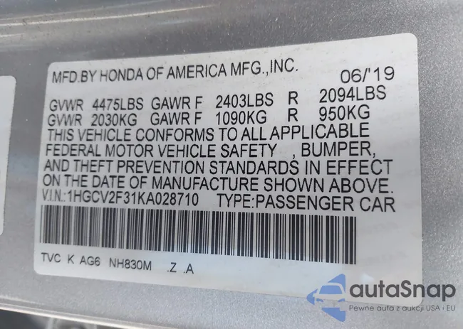 1HGCV2F31KA028710: 42523720