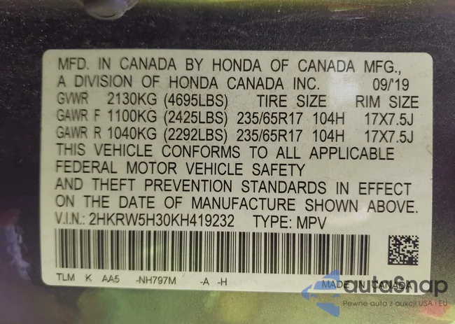 2HKRW5H30KH419232: 42523253