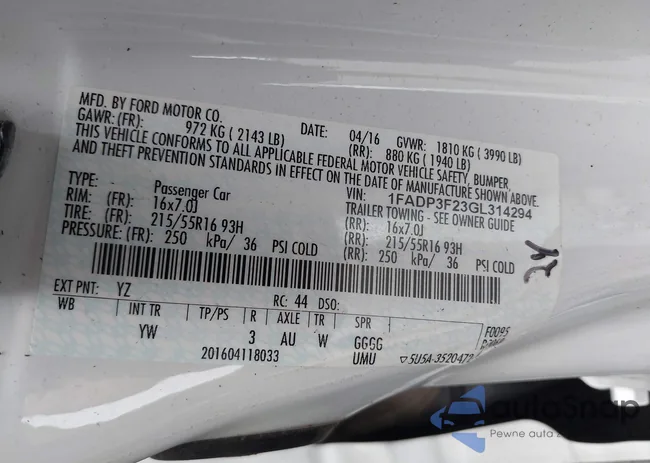 1FADP3F23GL314294: 42523256