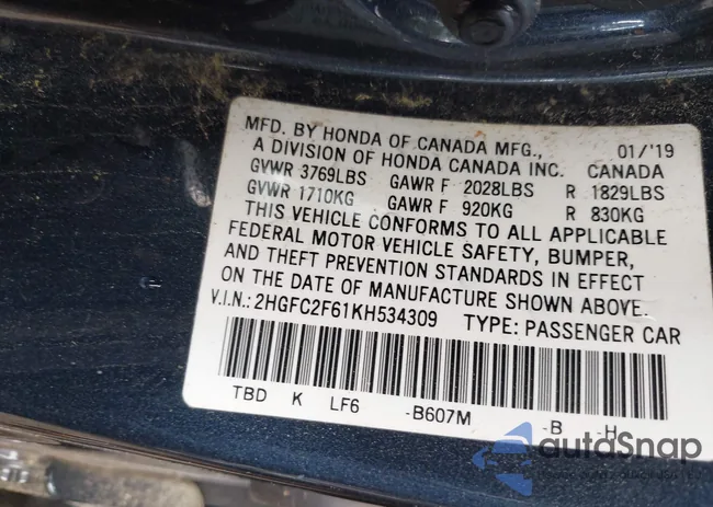 2HGFC2F61KH534309: 42526800