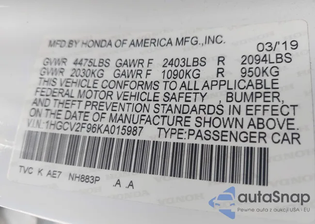 1HGCV2F96KA015987: 42528744