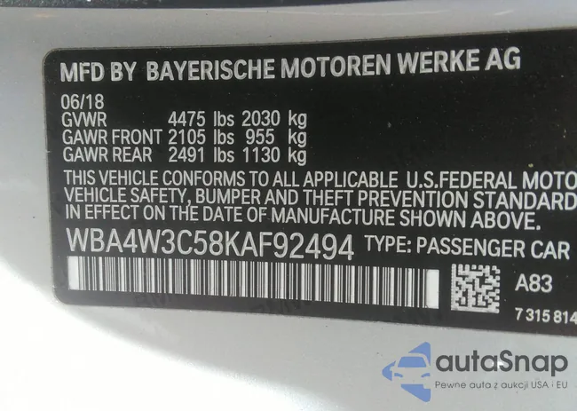 WBA4W3C58KAF92494: 42528382