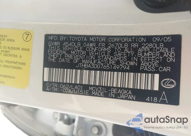 JTHBA30G765149794: 42530457