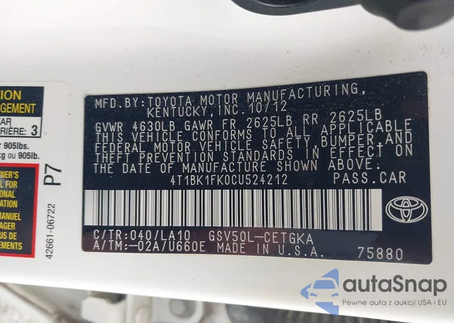 4T1BK1FK0CU524212: 42530473