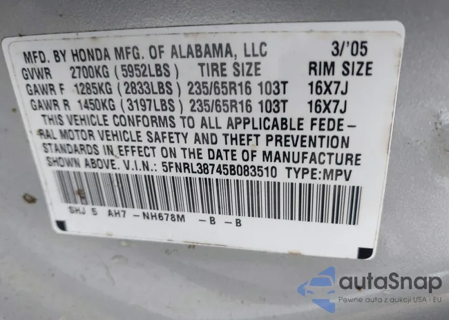 5FNRL38745B083510: 42534287